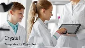  Presentation with technology education - Colorful slide deck enhanced with science and technology concept - chemistry backdrop and a light gray colored foreground