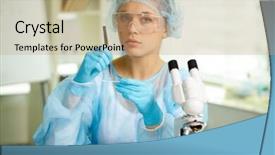  Presentation with laboratory equipment - Audience pleasing PPT theme consisting of science blue - confident clinician studying new substance backdrop and a coral colored foreground