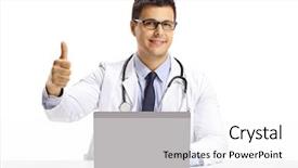  Presentation with laptop - Presentation theme with super computer - young male doctor sitting background and a white colored foreground