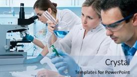  Presentation with laboratory - Audience pleasing theme consisting of science chemistry - group of scientists working backdrop and a light blue colored foreground