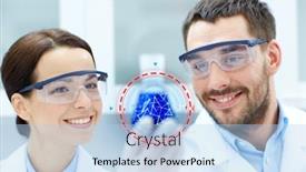  Presentation with clinical research - PPT theme enhanced with science chemistry research and people concept - young smiling scientists holding flask with medicine or chemical at clinical laboratory background and a light blue colored foreground