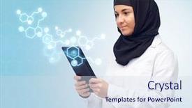  Presentation with chemistry tablet - Cool new theme with science chemistry technology and people backdrop and a sky blue colored foreground