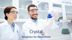  Presentation with clinical chemistry - Theme enhanced with science chemistry technology biology and people concept - young scientists holding flask with reagents and making test or research in clinical laboratory background and a sky blue colored foreground