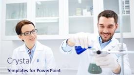  Presentation with clinical research - Beautiful theme featuring science chemistry technology biology and people concept - young scientists mixing reagents from glass flasks and making test or research in clinical laboratory backdrop and a sky blue colored foreground