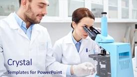  Presentation with clinical chemistry - Theme featuring science chemistry technology biology and people concept - young scientists shaking glass with reagent and making test or research in clinical laboratory background and a sky blue colored foreground