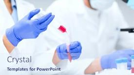  Presentation with clinical research - PPT theme with science chemistry technology biology and people concept - close up of scientists hands with pipette and test tube making research in clinical laboratory background and a sky blue colored foreground