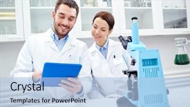  Presentation with chemistry tablet - PPT theme having science chemistry technology biology background and a light blue colored foreground