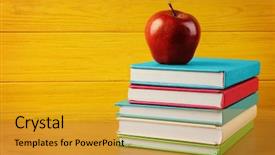  Presentation with apple on open books - Presentation design with science club - books and apple on wooden background and a gold colored foreground
