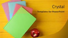  Presentation with apple on open books - Presentation theme featuring science club - books and apple on wooden background and a  colored foreground