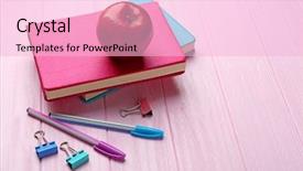  Presentation with apple on open books - Slides enhanced with science club - books and apple on wooden background and a  colored foreground