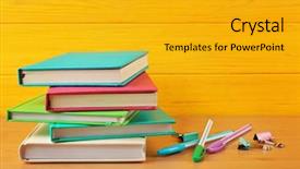  Presentation with accessories - Amazing PPT layouts having science club - colorful books and accessories backdrop and a gold colored foreground