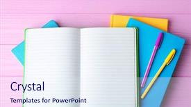  Presentation with club - Presentation design featuring science club - colorful notebooks on wooden background background and a sky blue colored foreground