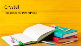  Presentation with club - Beautiful theme featuring science club - colorful notebooks on wooden background backdrop and a light gray colored foreground