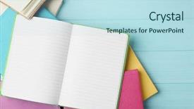  Presentation with club - Audience pleasing presentation theme consisting of science club - colorful notebooks on wooden background backdrop and a sky blue colored foreground