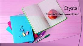  Presentation with apple - PPT theme having science club - notebooks and apple on wooden background and a lavender colored foreground