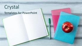  Presentation with apple - PPT theme enhanced with science club - notebooks and apple on wooden background and a sky blue colored foreground