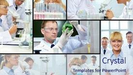  Presentation with substance - Beautiful PPT theme featuring science collage - group of clinicians experimenting backdrop and a light blue colored foreground