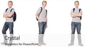  Presentation with student - Slide deck consisting of science collage - young student isolated on white background and a  colored foreground