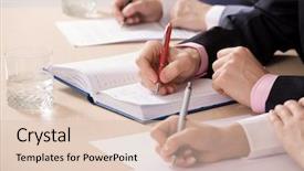  Presentation with three - Beautiful slides featuring science comference - three business people making notes backdrop and a lemonade colored foreground