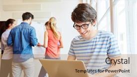  Presentation with meeting - Amazing PPT theme having science company - student with laptop backdrop and a coral colored foreground