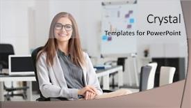  Presentation with office - Theme featuring science company - young beautiful woman in office background and a light gray colored foreground