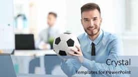  Presentation with soccer awards - Theme consisting of science company - young handsome man with soccer background and a light blue colored foreground