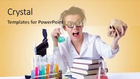  Presentation with crazy - Slides consisting of science doctor funny - crazy female chemist in lab background and a  colored foreground
