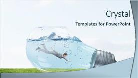  Presentation with clear water - Presentation design with glass light bulb filled with clear water and businessman inside background and a sky blue colored foreground