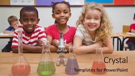  Presentation with cute science - Cool new theme with science experiment - cute pupils standing with arms backdrop and a coral colored foreground