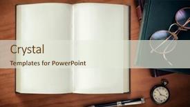  Presentation with pen - Slide deck enhanced with science fiction school - open notebook a pen background and a sky blue colored foreground