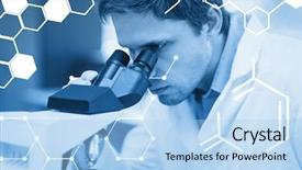  Presentation with scientific - Presentation enhanced with science graphic against scientific researcher using microscope in the laboratory background and a light blue colored foreground