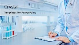  Presentation with lab - Colorful slide set enhanced with female lab worker making notes backdrop and a light blue colored foreground