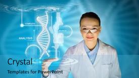  Presentation with dna molecule - PPT layouts having science lab - woman scientist touching dna molecule background and a teal colored foreground