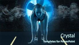  Presentation with starting school - Colorful presentation theme enhanced with science muscle - woman sprinter leaving starting exploding backdrop and a navy blue colored foreground