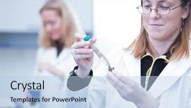  Presentation with biochemistry - Theme featuring science nanoparticles - two female researchers carrying background and a light blue colored foreground