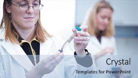  Presentation with biochemistry - Beautiful presentation featuring science nanoparticles - two female researchers carrying backdrop and a light blue colored foreground