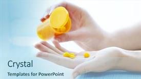  Presentation with spills - Beautiful presentation featuring science nutrien - woman spills yellow medical capsules backdrop and a sky blue colored foreground