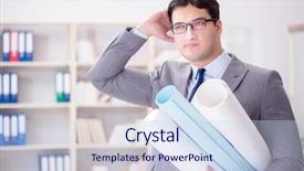  Presentation with mechanical engineering engineer tools - Cool new presentation theme with science poster - businessman engineer draftsman with blueprints backdrop and a sky blue colored foreground