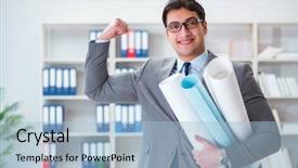  Presentation with mechanical engineering engineer tools - Audience pleasing theme consisting of science poster - businessman engineer draftsman with blueprints backdrop and a light blue colored foreground