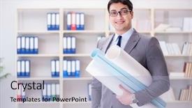  Presentation with mechanical engineering engineer tools - Beautiful theme featuring science poster - businessman engineer draftsman with blueprints backdrop and a light blue colored foreground