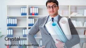  Presentation with mechanical engineering engineer tools - Colorful theme enhanced with science poster - businessman engineer draftsman with blueprints backdrop and a light blue colored foreground