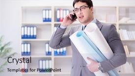  Presentation with infrastructure engineer - Amazing slides having science poster - businessman engineer draftsman with blueprints backdrop and a light blue colored foreground