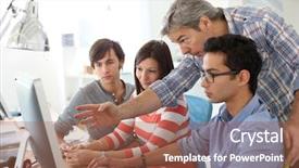  Presentation with desktop - Colorful slide set enhanced with science project - teacher with students working backdrop and a coral colored foreground