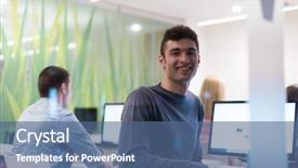  Presentation with technology students - Presentation design with science project - technology students group in computer background and a ocean colored foreground