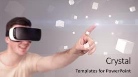  Presentation with virtual reality - Colorful slide set enhanced with science related - young impressed man wearing virtual backdrop and a soft green colored foreground