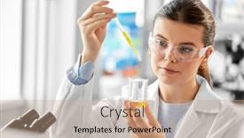  Presentation with laboratory chemical - PPT theme having science-research-work-and-people background and a coral colored foreground