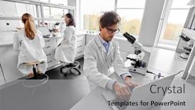  Presentation with research - Slide set enhanced with science-research-work-and-people background and a light gray colored foreground