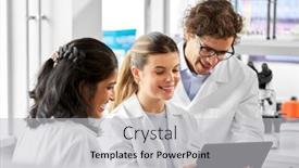  Presentation with international - Presentation design consisting of science-research-work-and-people background and a light gray colored foreground