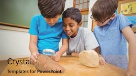  Presentation with elementary - Audience pleasing theme consisting of science rocks - pupils looking at rock backdrop and a coral colored foreground