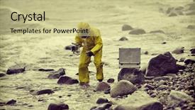  Presentation with rocky shore - PPT layouts with science rocks - specialist in protective suit taking background and a mint green colored foreground